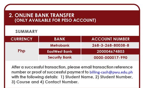 PWU Mode of Payment via Online Bank Transfer