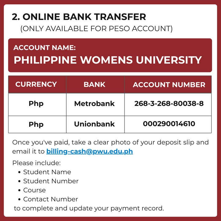 PWU Mode of Payment via Online Bank Transfer