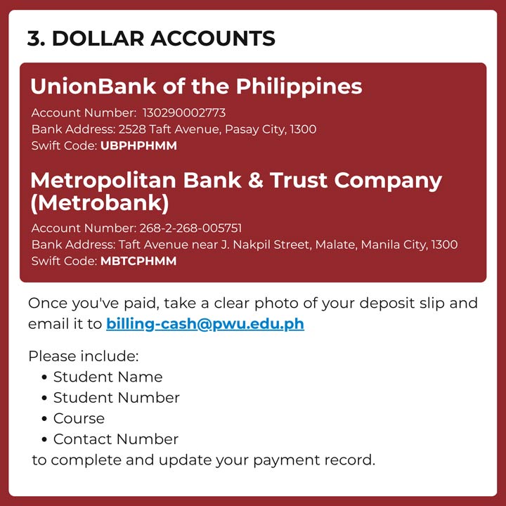 PWU Mode of Payment via Dollar Accounts